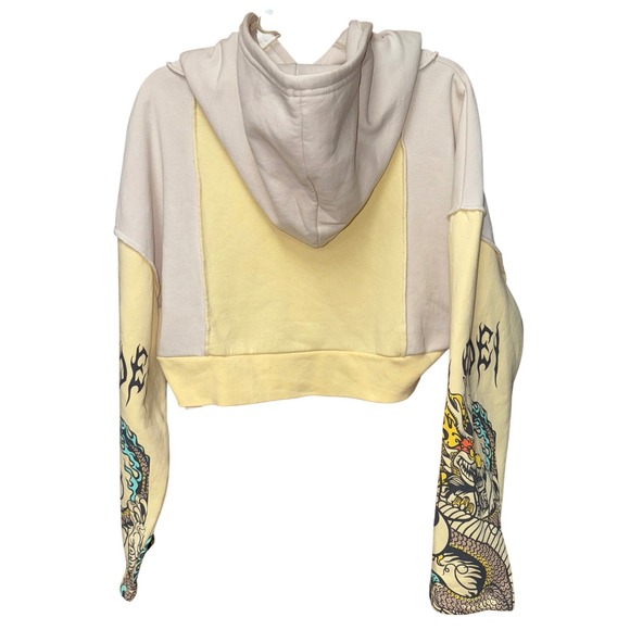 NGOrder Yin Yang Dragon Panel Yellow Beige Crop Hoodie 12 Graphic Urban Casual - Picture 2 of 8